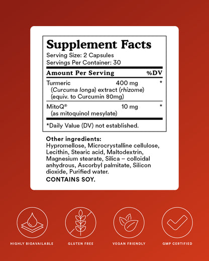 MitoQ curcumin supplement facts label on a red background with icons indicating bioavailability, gluten-free, vegan friendly, and GMP certified.