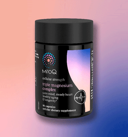 Black mitoq triple magnesium complex supplement jar with MitoQ branding on a gradient background